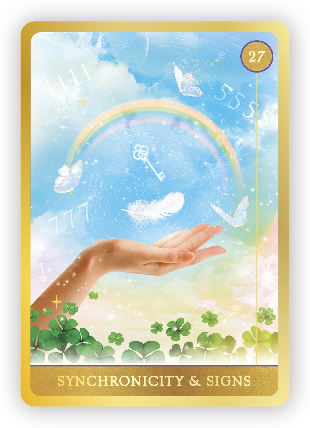 A mystical card titled "Synchronicity & Signs" featuring a hand holding a white feather, a rainbow, and butterflies against a cloudy sky with celestial elements and zodiac signs.
