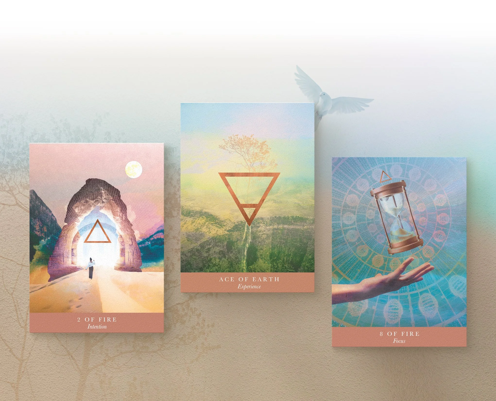 Three tarot cards with mystical and natural imagery, background with a dove, and faint tree silhouettes.