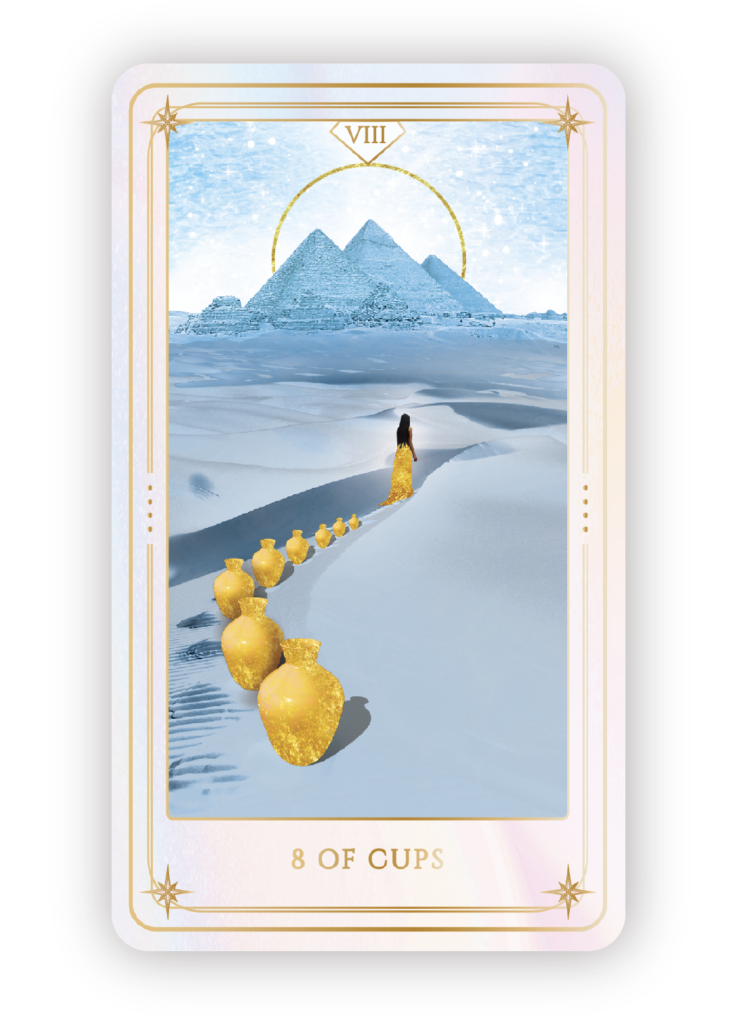 Tarot card titled "8 of Cups" showing a woman walking away from eight golden cups in a snowy landscape toward a distant pyramidal mountain.