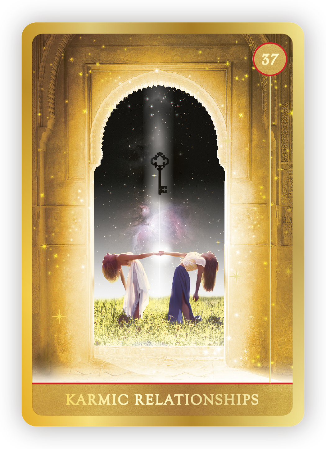 Two women in white and blue skirts performing yoga poses in front of an open ornate gate showing a starry cosmic sky with a large keyhole at the center. The image has a mystical and spiritual theme with the caption "Karmic Relationships" and the numb