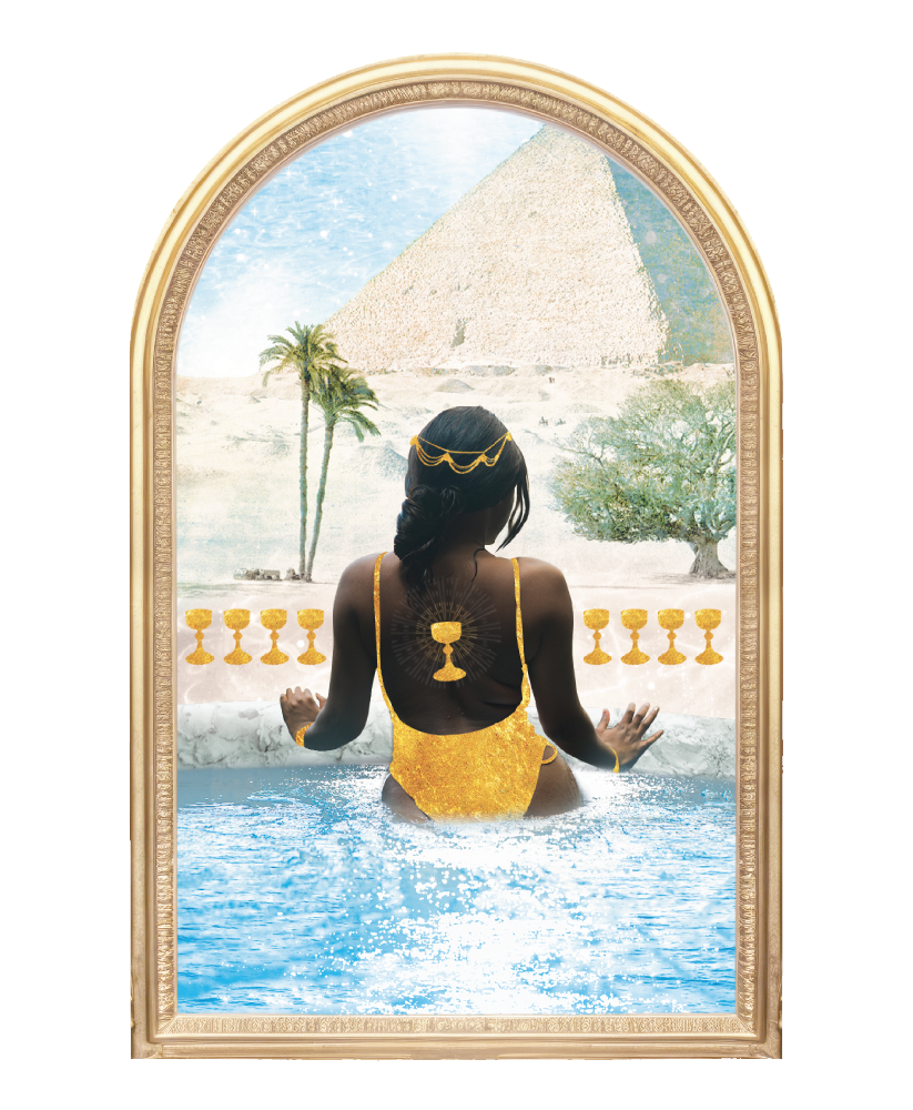 A woman in a golden outfit and headpiece sits in a pool, facing a desert landscape with palm trees, bushes, and pyramids, viewed through an ornate arched window with gold detailing.