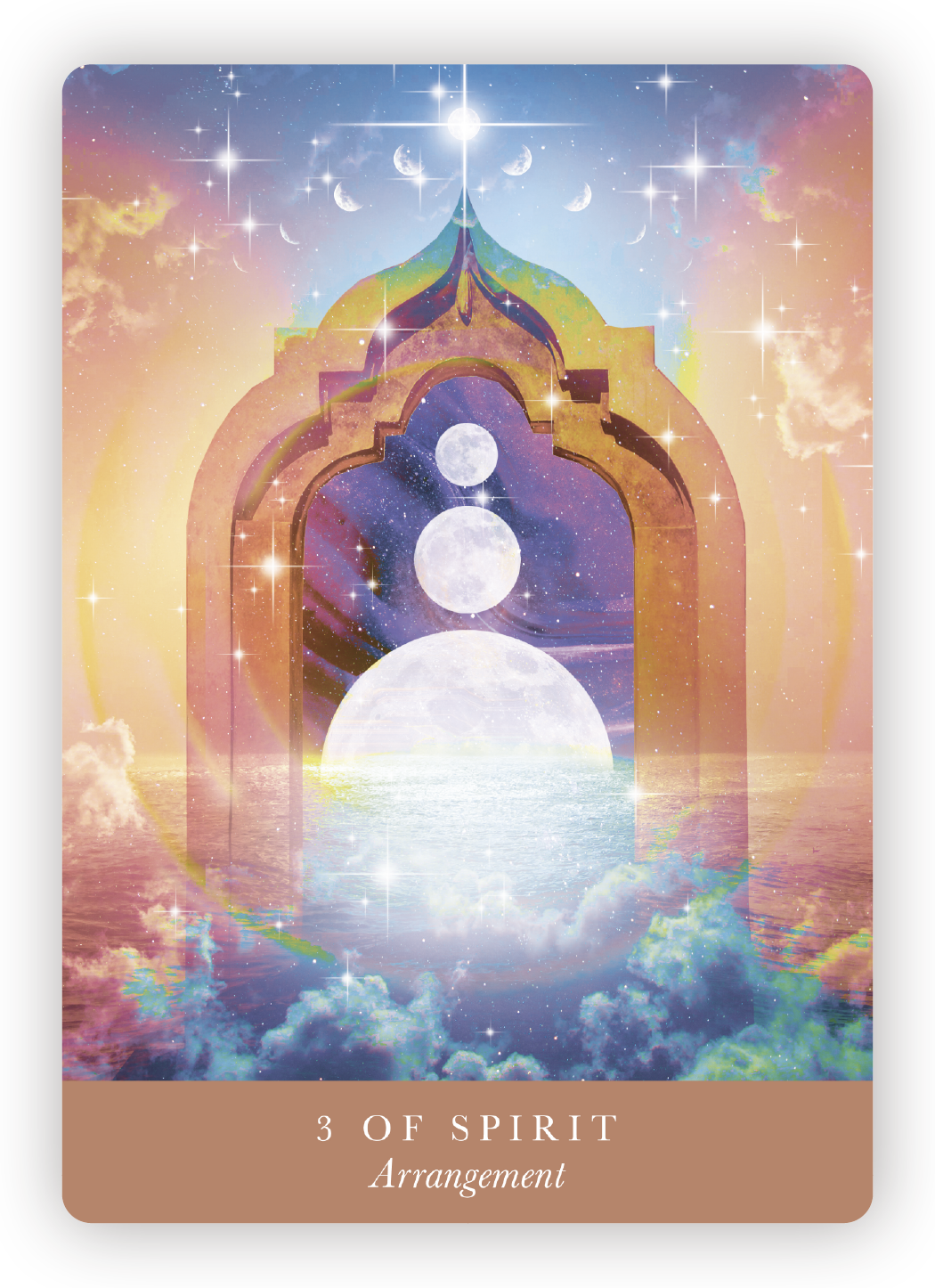 A mystical, celestial scene featuring a large arched doorway leading to outer space, with multiple moon phases and stars, reflected on a body of water, surrounded by clouds and soft pastel colors, with the text '3 of Spirit' and 'Arrangement' at the 