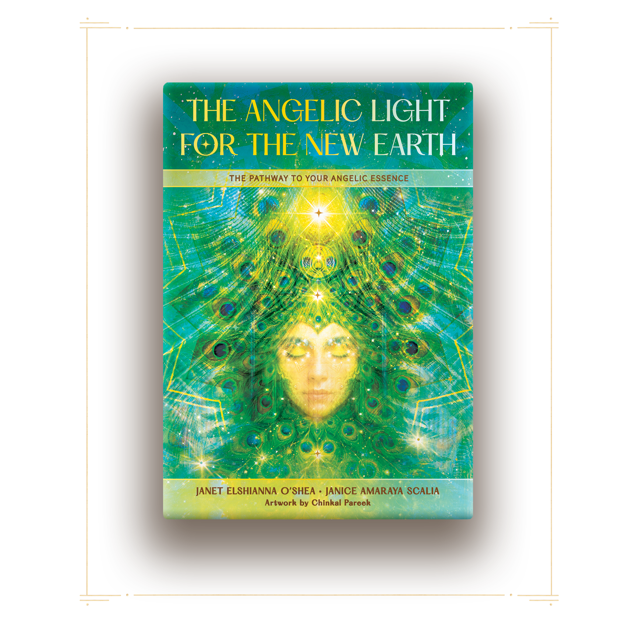 Book titled "The Angelic Light for the New Earth" with a colorful cover featuring a woman's face surrounded by peacock feather designs and bright celestial elements.