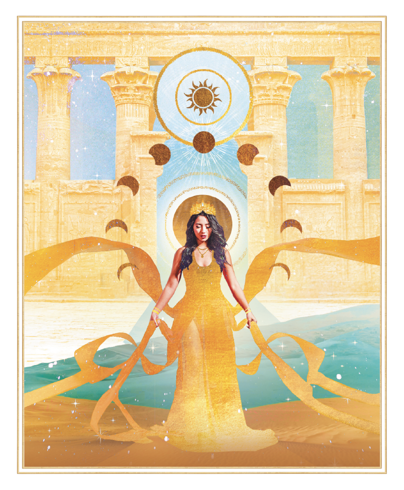 Digital artwork depicting a mystical scene with a woman dressed in gold, standing before ancient Greek-inspired columns. She has wings, a halo, and holds sword-like objects. The background features celestial and architectural elements, including moons, stars, and a bright sky.