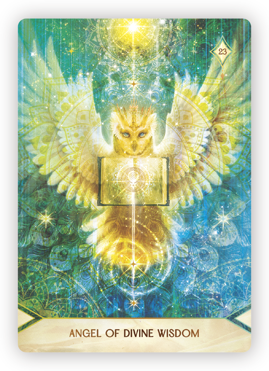 A tarot card titled 'Angel of Divine Wisdom' features a luminous angelic figure with a lion's face holding an open book, surrounded by glowing light, stars, intricate patterns, and radiant energy.