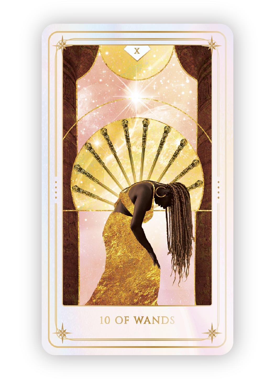 A tarot card named '10 of Wands' featuring a woman in a gold dress with braided hair, standing with her head bowed, set in front of a celestial background with stars and a large, glowing moon.