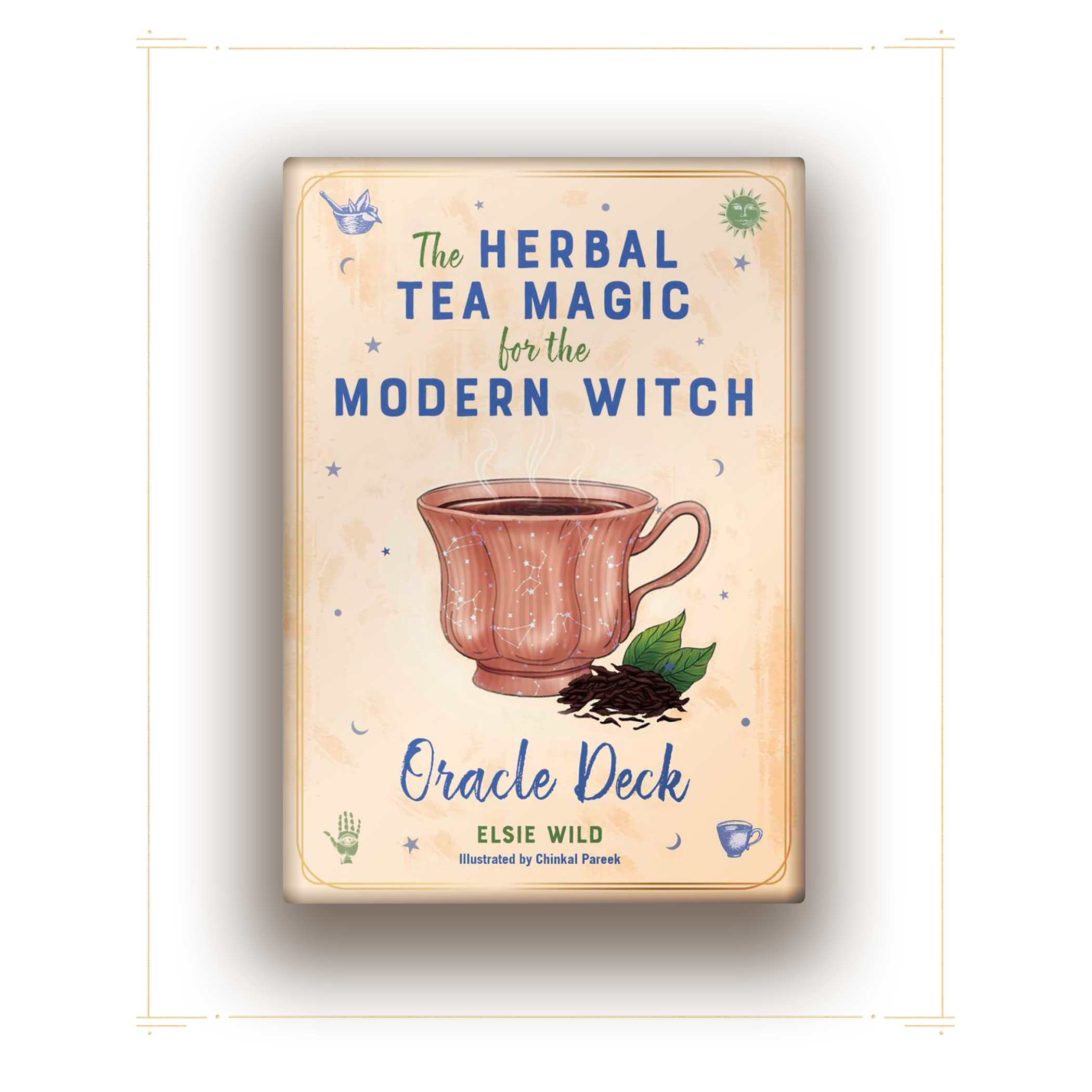 Book cover titled 'The Herbal Tea Magic for the Modern Witch' by Elsie Wild, illustrated by Chinkal Pareek, with an illustration of a steaming herbal tea in a cup and some herbs and tea leaves.