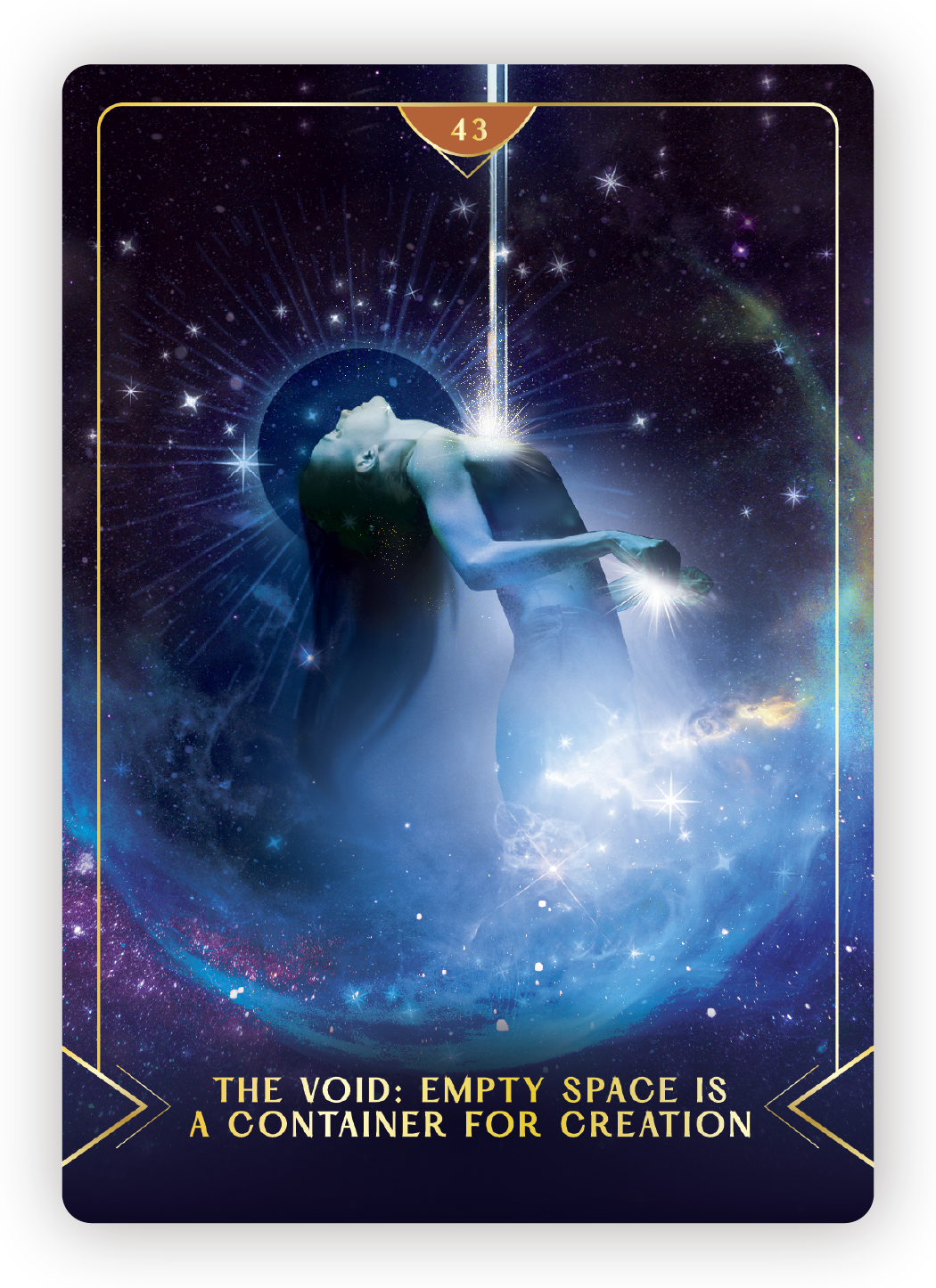 A digital artwork depicting a woman floating in space with stars and galaxies around her. Light emanates from her chest and head, creating a spiritual and cosmic scene. Text at the bottom reads 'The Void: Empty Space is a Container for Creation.'