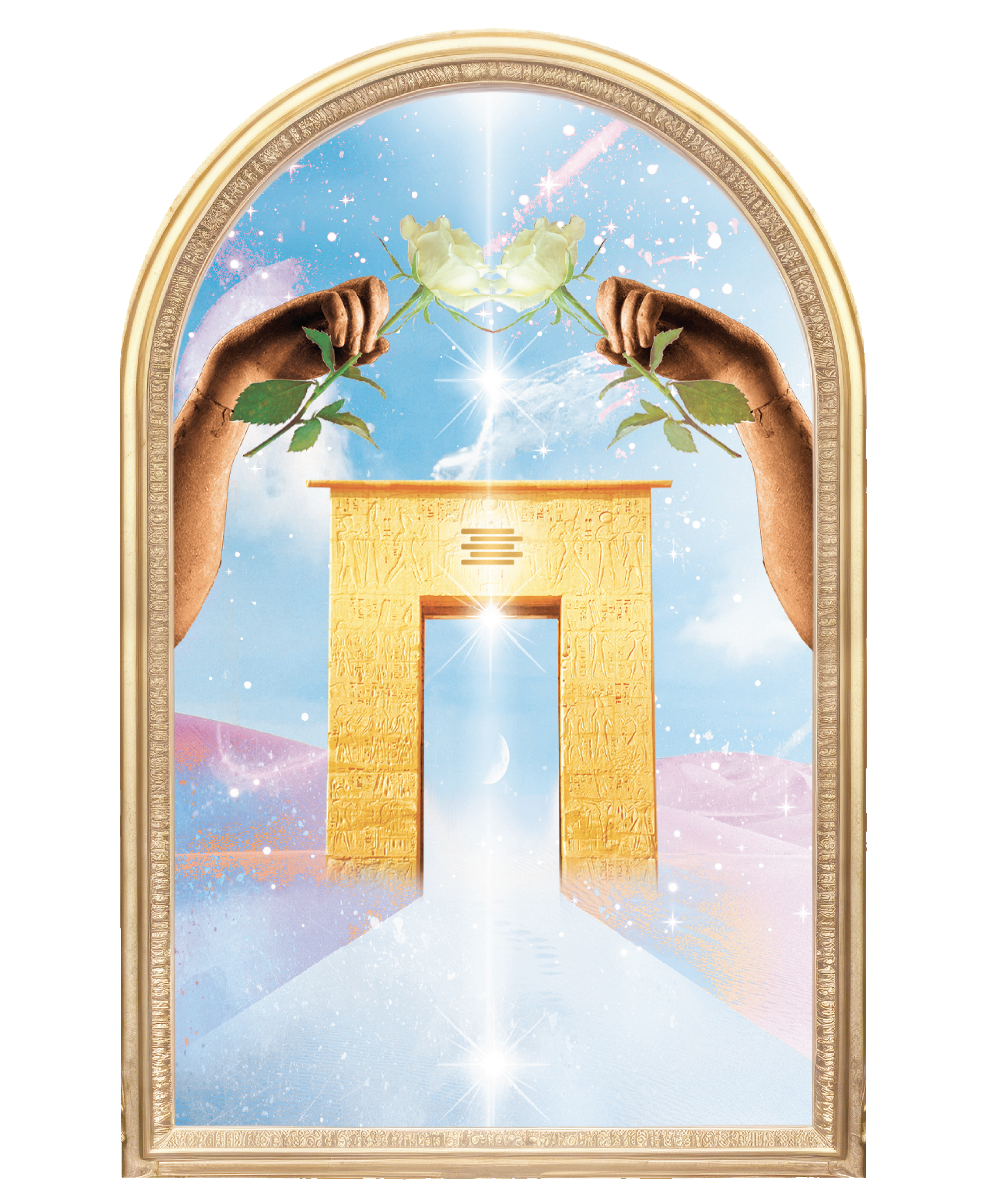 Two human hands holding white roses above an Egyptian-style gate, with a cloudy sky, stars, and a moon in the background, framed like a mirror or window.