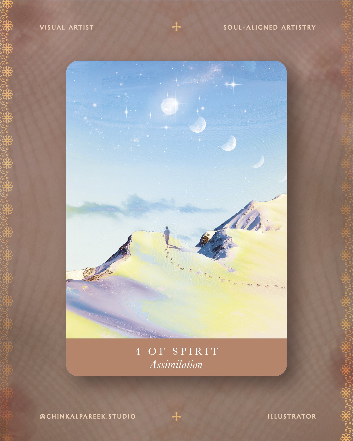 A mystical landscape with snow-covered mountains under a bright blue sky filled with stars and moon phases, featuring a person walking along a winding path.