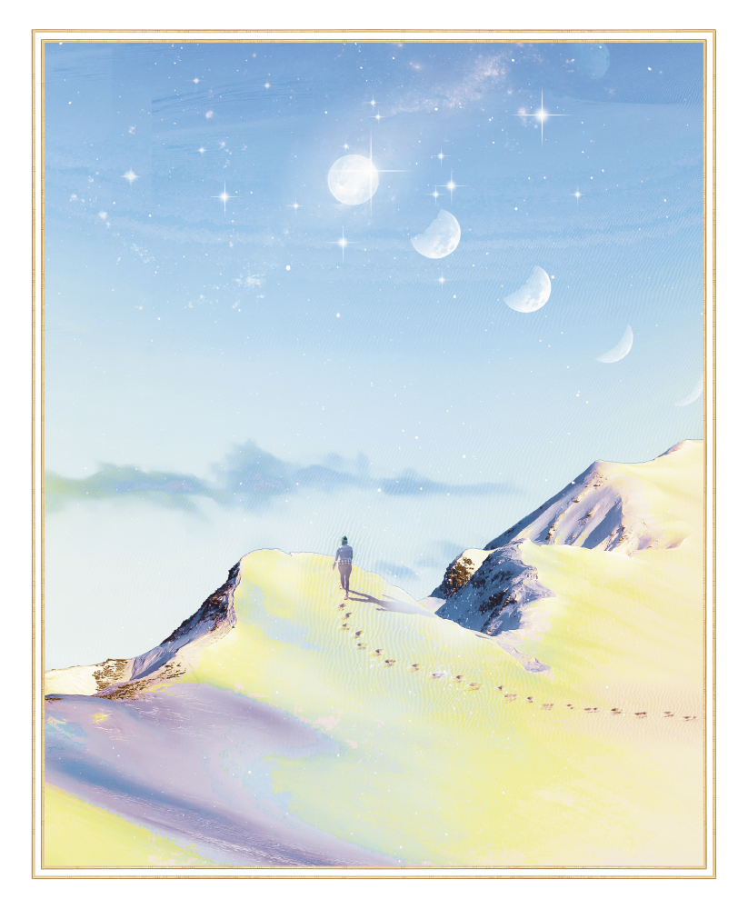 A person walking on a snowy mountain trail with footsteps visible, under a sky with the moon phases and starry night sky.