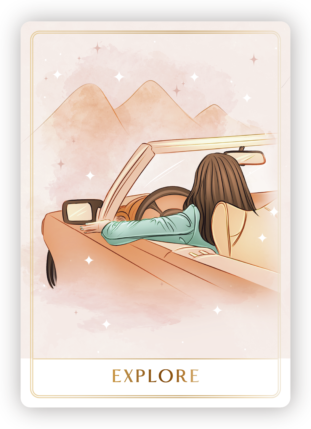 A woman driving in a convertible car on a mountain road, with pink mountains and stars in the sky in the background, and the word 'EXPLORE' at the bottom.