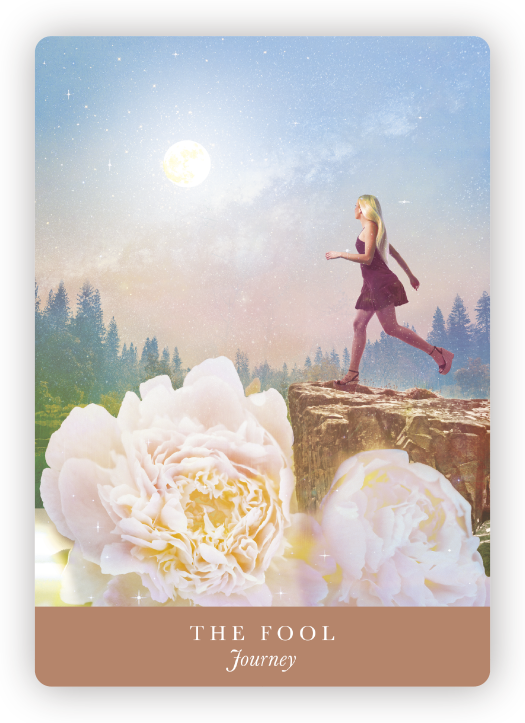 A woman walking on a rock ledge in a fantasy landscape with large white flowers, a starry sky, the moon, and a forest background, labeled as 'The Fool Journey'.