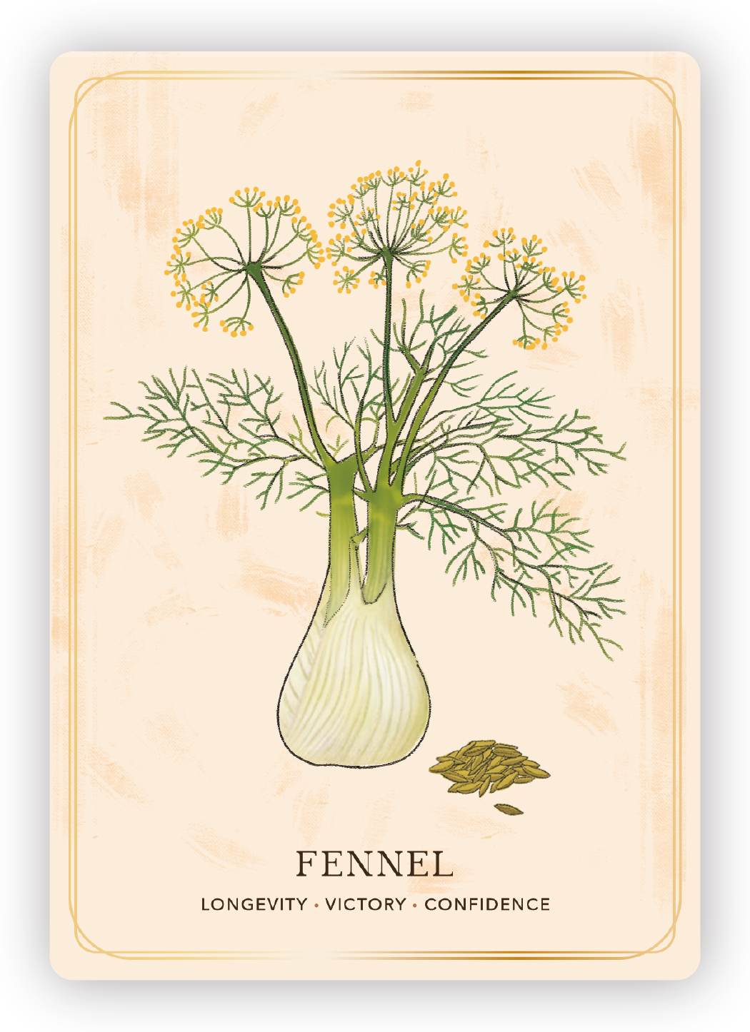 Illustration of a fennel plant with green leaves, yellow flowers, and fennel seeds at the bottom, labeled with words 'Fennel', 'Longevity', 'Victory', and 'Confidence'.