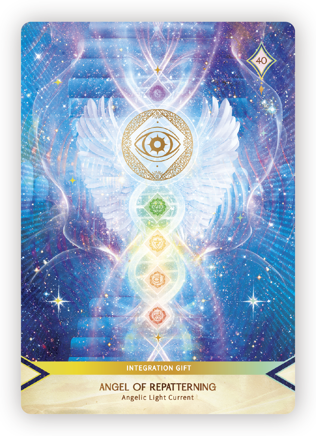 A mystical digital artwork featuring a large eye with intricate golden designs at the center, surrounded by white angel wings and a luminous cosmic background with stars and nebulas. There are symbols representing chakras aligned vertically below the