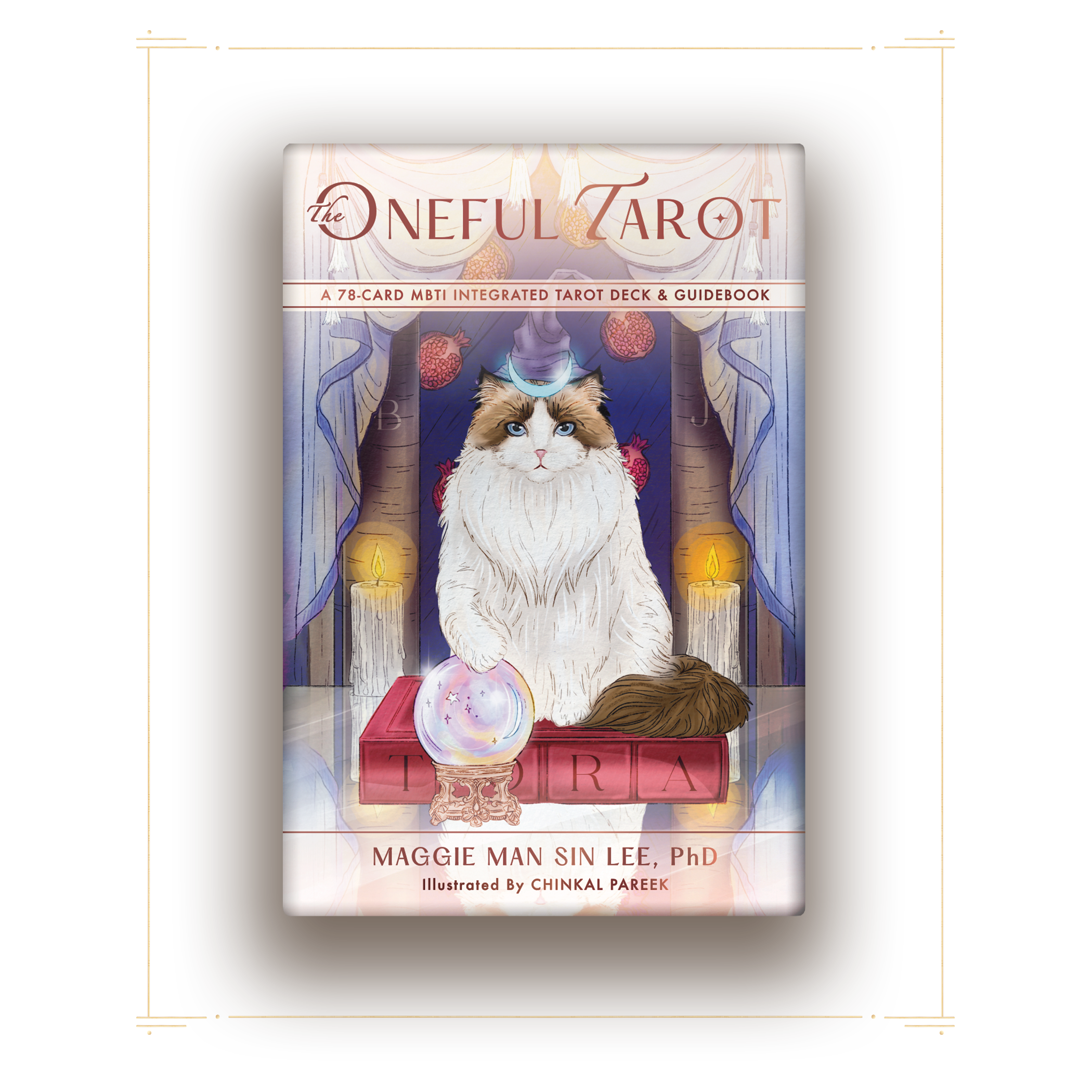 A book cover titled 'The Onesful Tarot' with an illustration of a fluffy cat sitting on a red box with the letters T, O, R, A. The background has two lit candles, trees, curtains, and hanging red pomegranates, with a mystical orb in front of the cat.