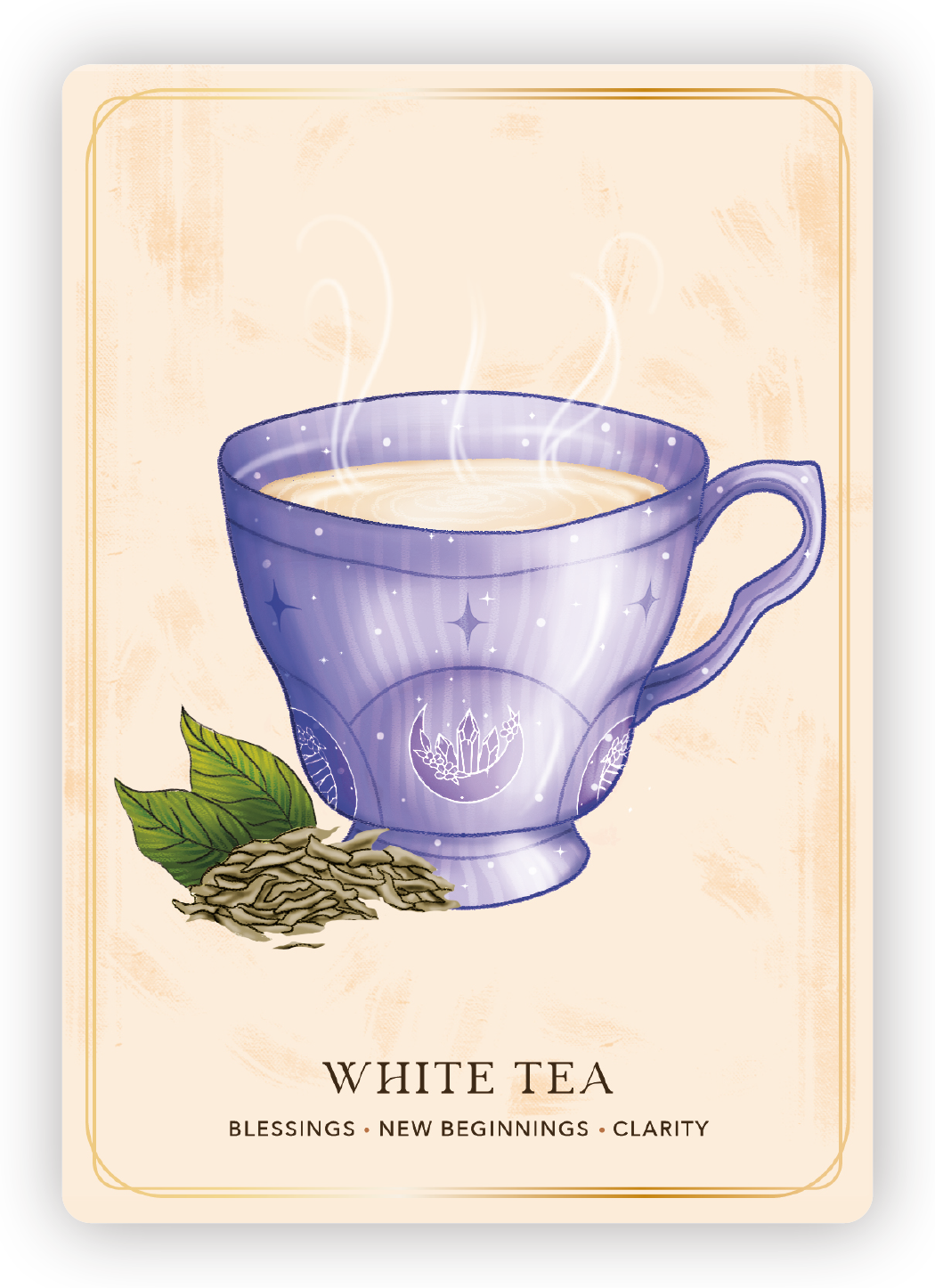 A mystical illustration of a steaming cup of white tea in a purple cup adorned with celestial symbols, with a few green leaves and tea leaves beside it. The bottom has the words 'White Tea' and the phrases 'Blessings, New Beginnings, Clarity'.