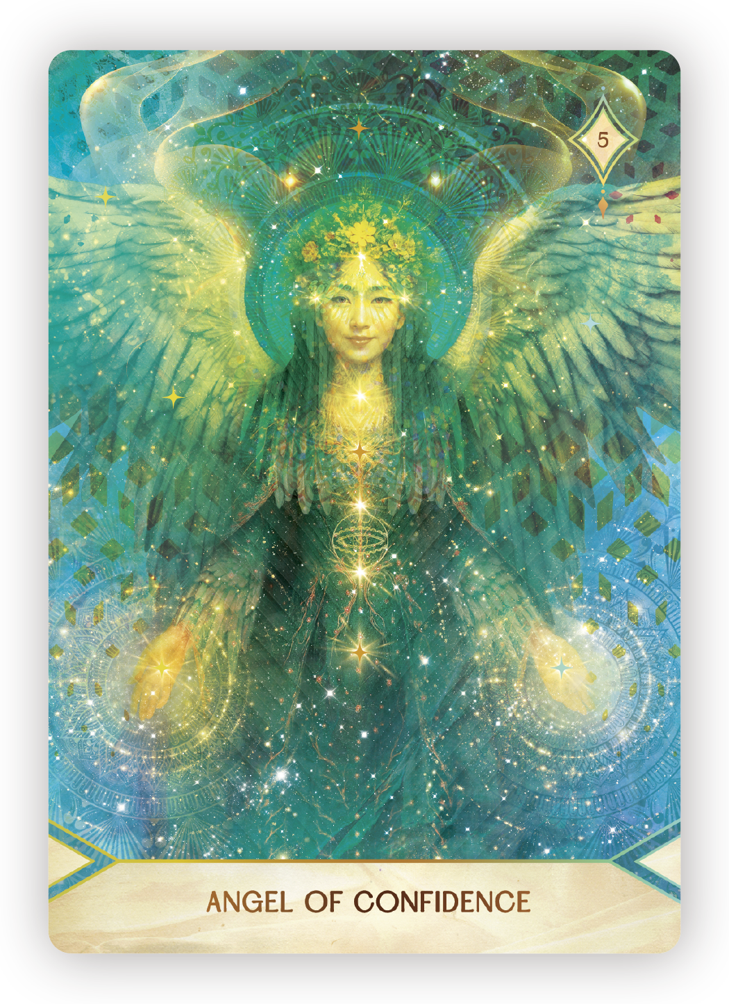 A mystical angel with large, glowing wings, surrounded by stars and golden light, with a serene face and confident expression.