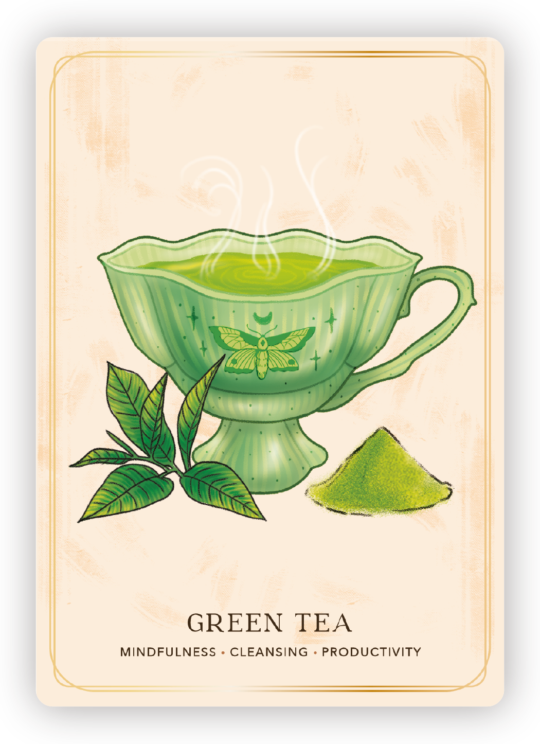 Illustration of a green tea cup with steam, surrounded by tea leaves and a pile of green powder, labeled 'Green Tea' with words 'Mindfulness, Cleansing, Productivity' at the bottom.