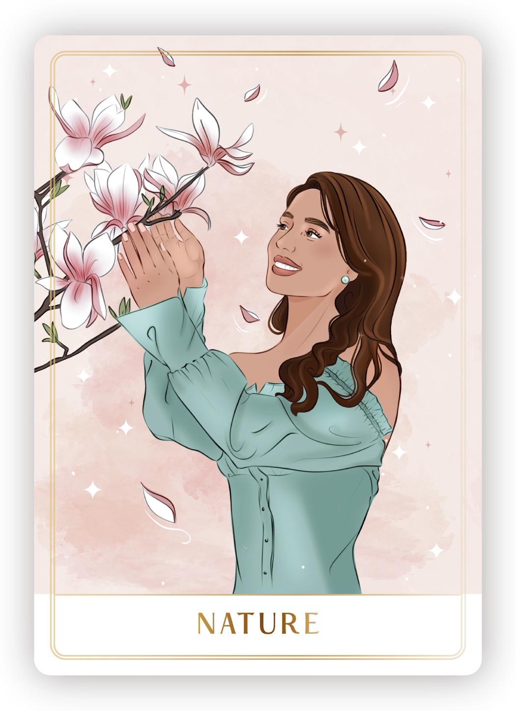 An illustration of a smiling woman with brown wavy hair, wearing a light blue off-the-shoulder dress, touching pink and white magnolia flowers on a branch with falling petals and sparkles in the background. The word 'NATURE' is written at the bottom.