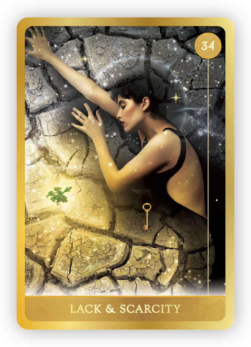 A woman laying on cracked dry earth, with her eyes closed, wearing a black dress, surrounded by sparkling stars and a gold key hanging from her arm, representing the theme of lack and scarcity.