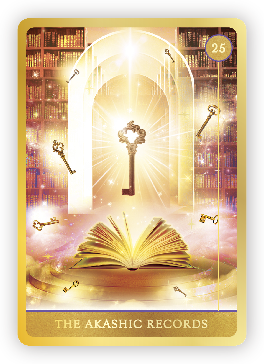 A mystical, glowing book with a key on its cover, floating in a cosmic scene surrounded by shining stars, keys, and beams of light, with shelves of books in the background and titles indicating 'The Akashic Records'.