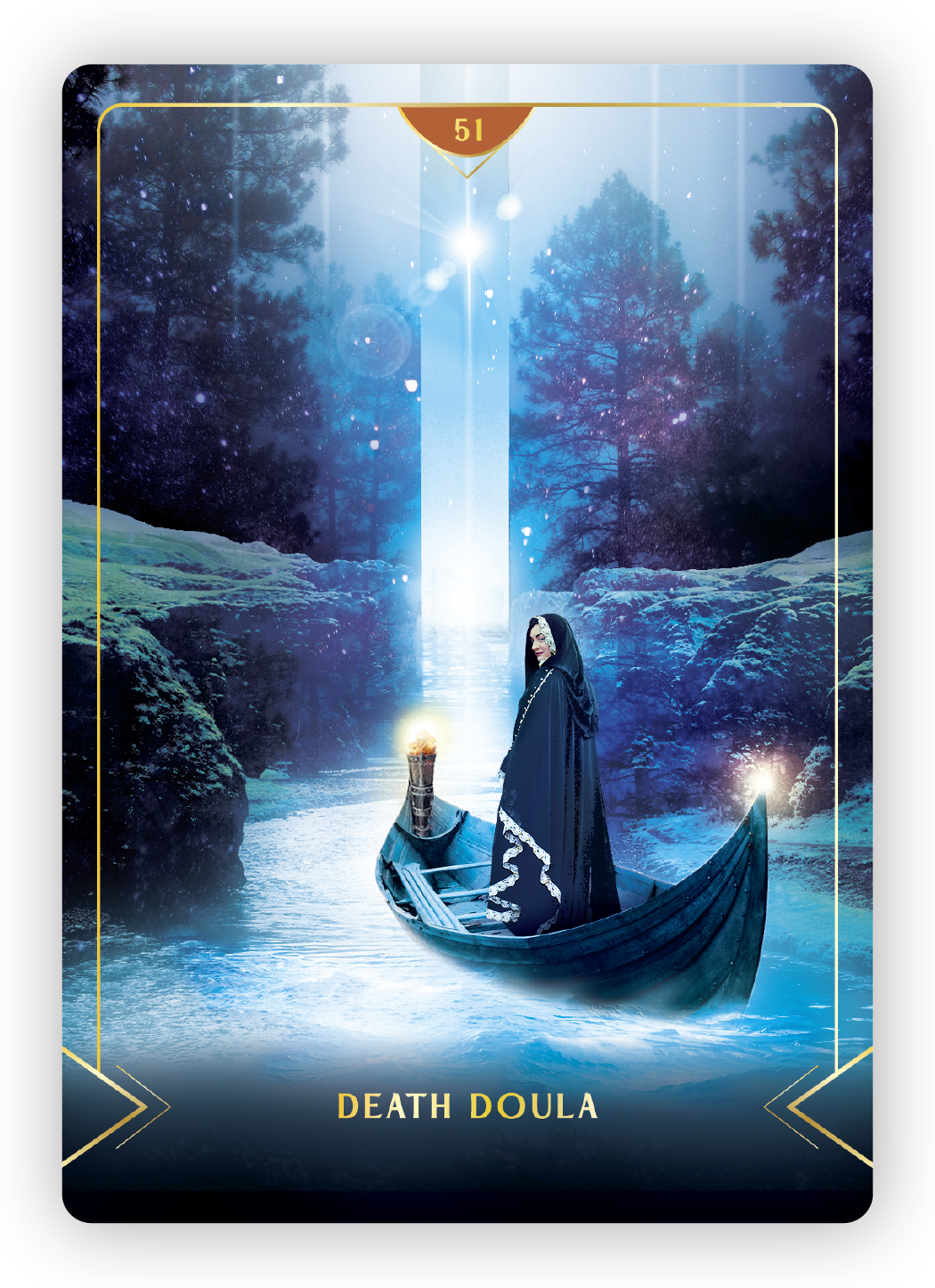 A mystical scene with a woman in a black cloak with white lace standing in a boat on a river, surrounded by snowy landscape and tall trees under a starry sky with bright light beams, labeled 'Death Doula' with a number 51 at the top.