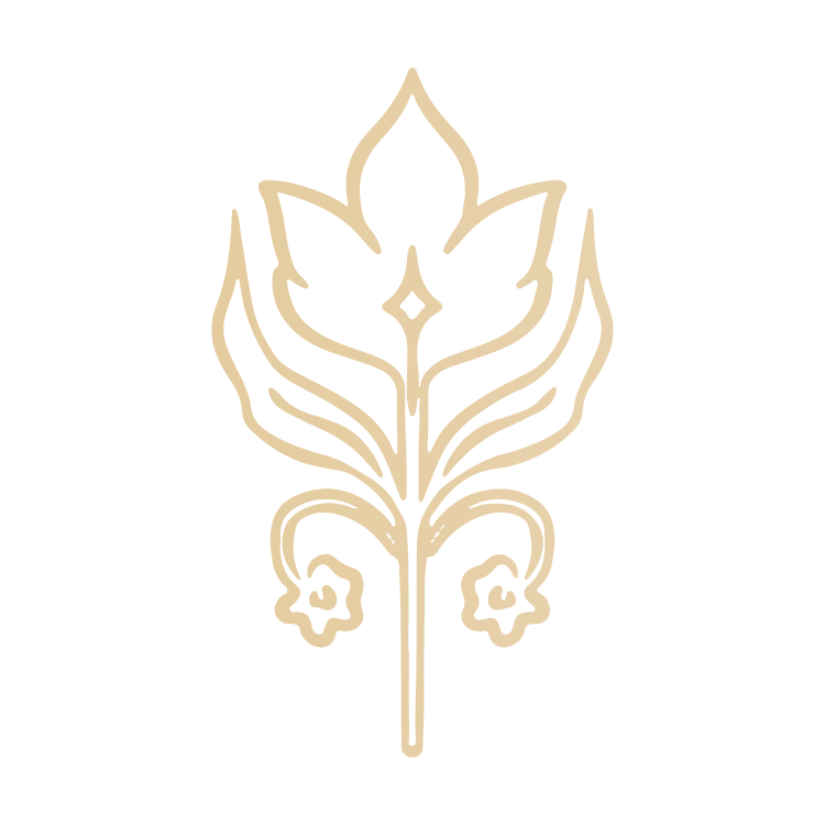 Line drawing of a stylized flower with multiple petals and two small flowers at the bottom, in beige color.