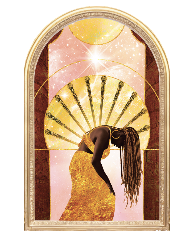 A woman with dreadlocks and dark skin bowing her head, dressed in a gold dress, standing in front of a decorative backdrop with rays and celestial motifs in gold and pink hues.