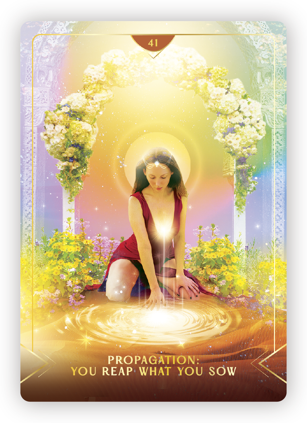 A woman kneeling with her hands on a glowing water surface, surrounded by colorful flowers and a decorative arch of flowers. She has a glowing light at her chest, a radiant halo behind her head, and a shield-like glow above her. The background is vib