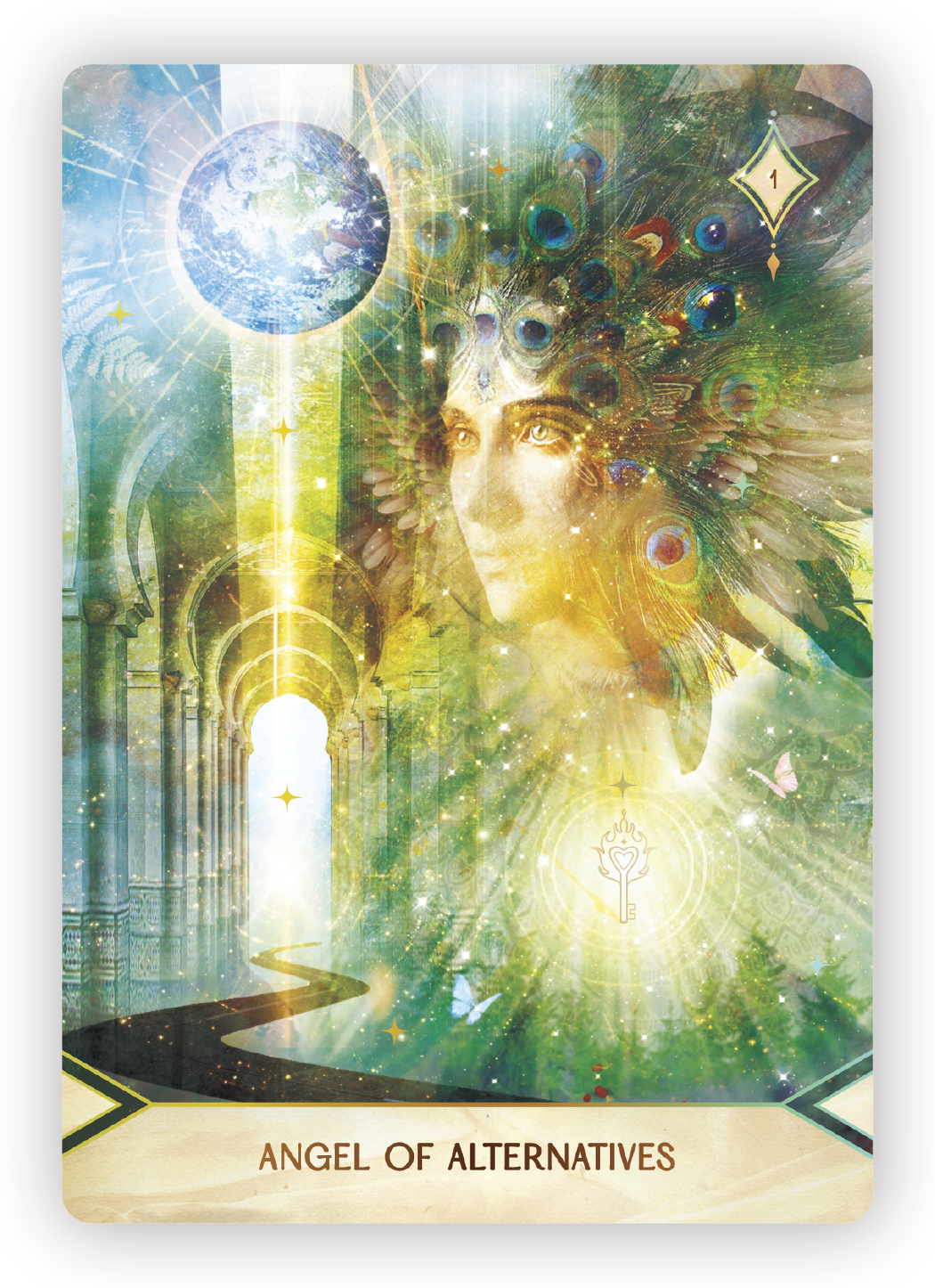 A fantasy-style digital artwork featuring a woman's face with a peacock feather headdress, floating in a cosmic background with stars, a glowing Earth, and mystical symbols, titled 'Angel of Alternatives'.