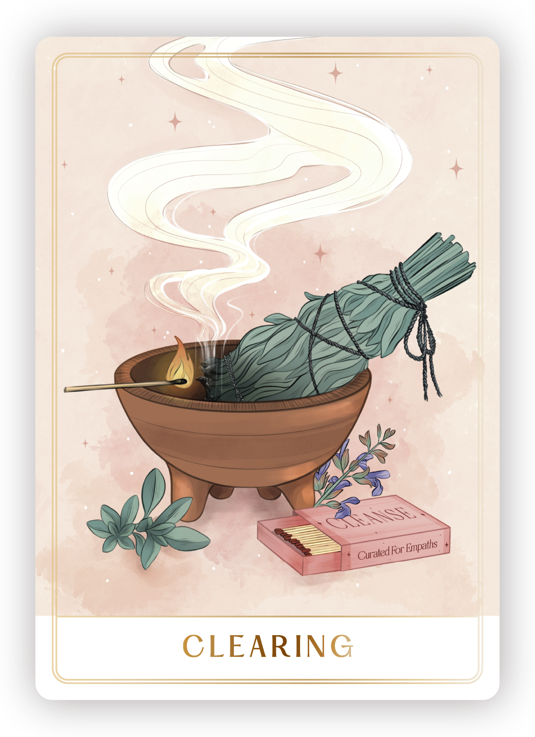 A bundle of sage tied with black string is burning over a small wooden bowl, producing white smoke. There are herbs and a box of matches beside the bowl, with the word 'CLEANSE' on the box. The background is soft pink with small star-like sparkles, a