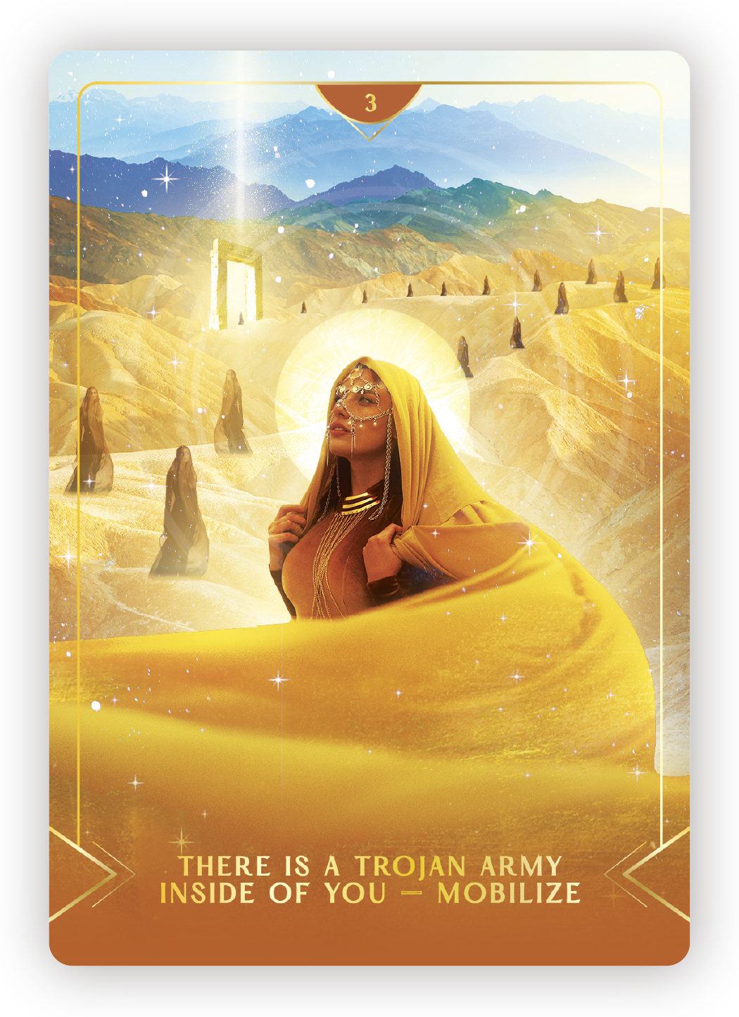 A woman with a yellow headscarf and jewelry, standing in a surreal landscape with pyramids and mountains, glowing light and stars, and the text 'There is a Trojan army inside of you - Mobilize' at the bottom.