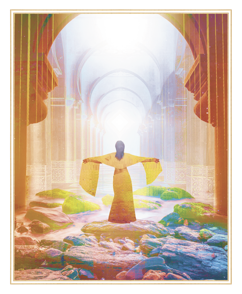 A person in traditional clothing stands on rocks in a stream with arms outstretched, facing a bright light in an ornate corridor with arches and intricate patterns, flanked by two large profile sculptures of human faces on the sides.