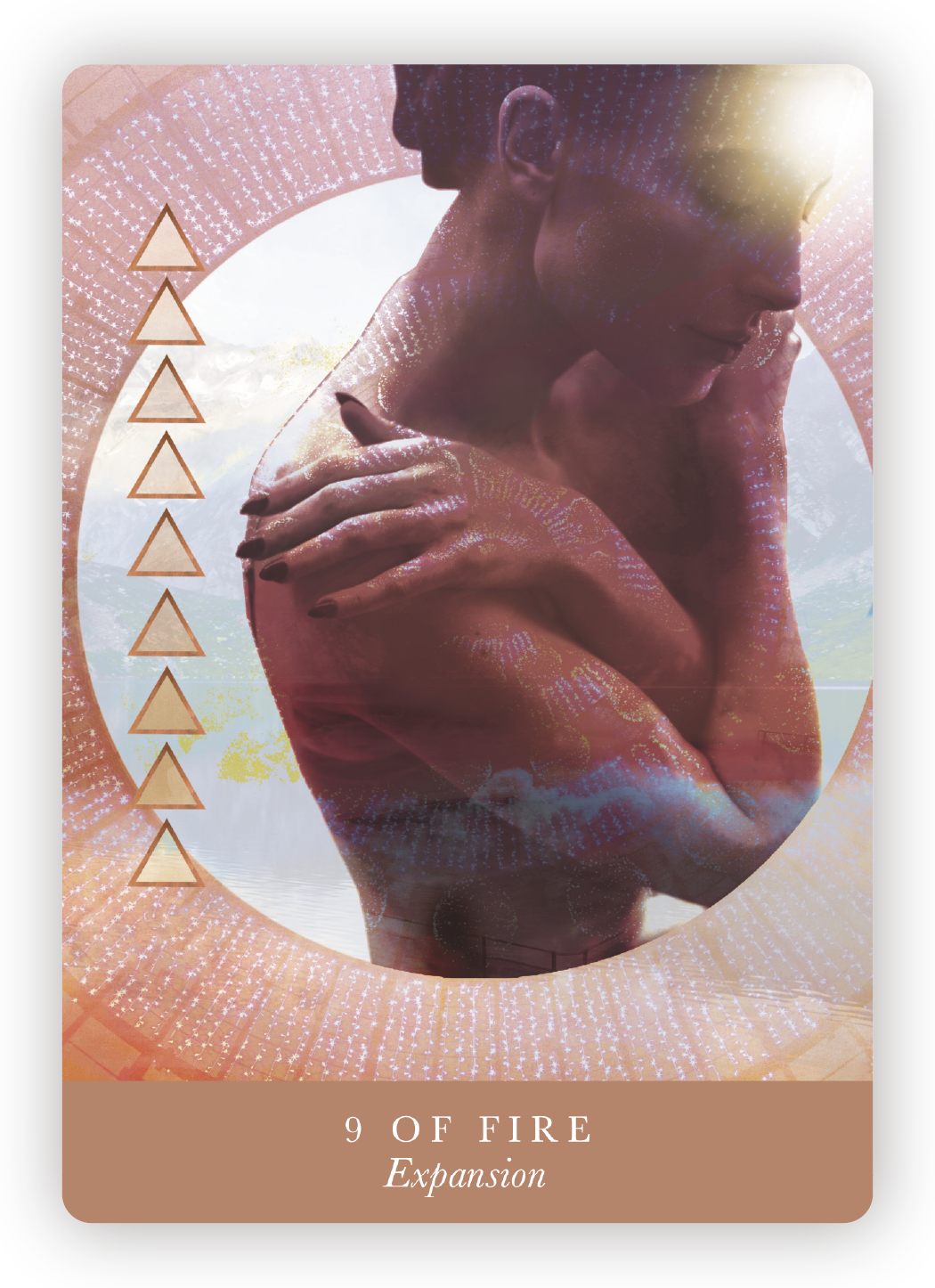 A surreal digital collage depicting a woman with her hand on her shoulder, surrounded by a circular frame with a starry pattern. There are nine upward-pointing triangles on the left side, and the text "9 OF FIRE" and "Expansion" at the bottom.