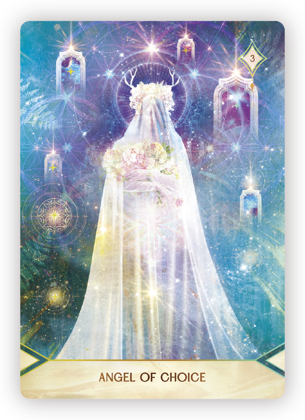 A mystical, celestial-themed card titled 'Angel of Choice' featuring an angelic figure with antlers, surrounded by stars, glowing lights, and geometric patterns in a dreamy, cosmic background.