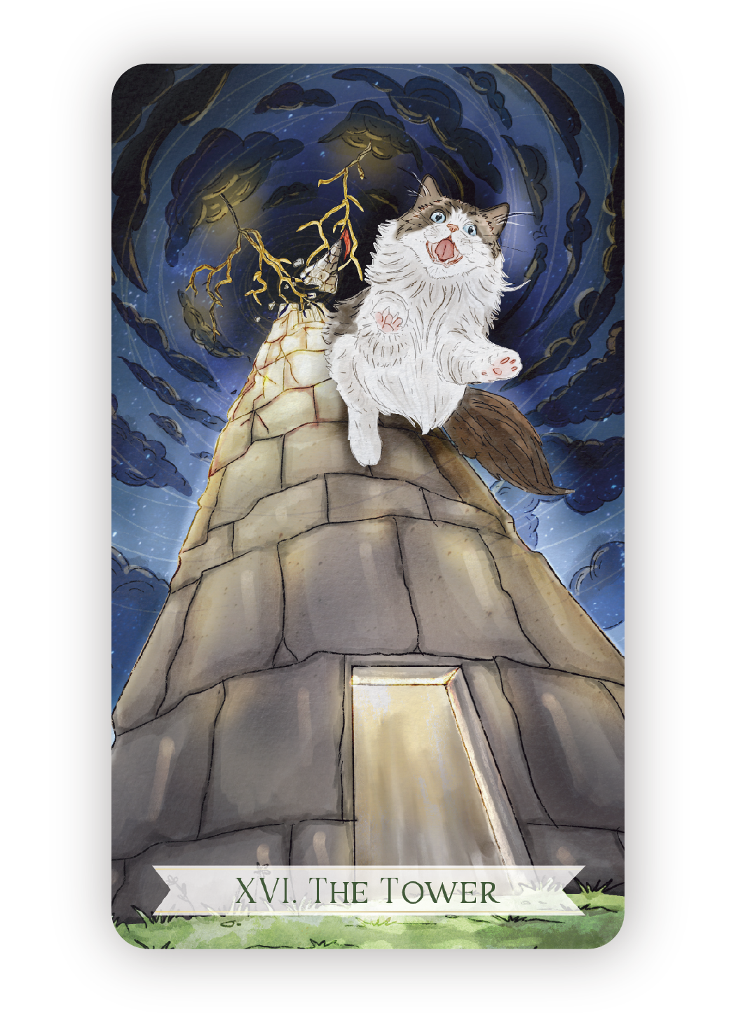 A tarot card illustration titled 'The Tower' showing a tall stone tower struck by lightning, with a cat falling from the top amid dark, swirling storm clouds in a night sky.