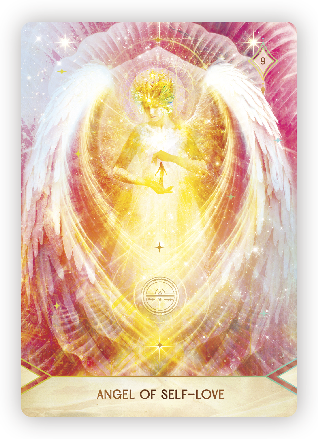 A glowing angelic figure with white wings, holding a smaller person in her hands, surrounded by bright, sparkling light and celestial symbols. The card title at the bottom reads 'Angel of Self-Love.'