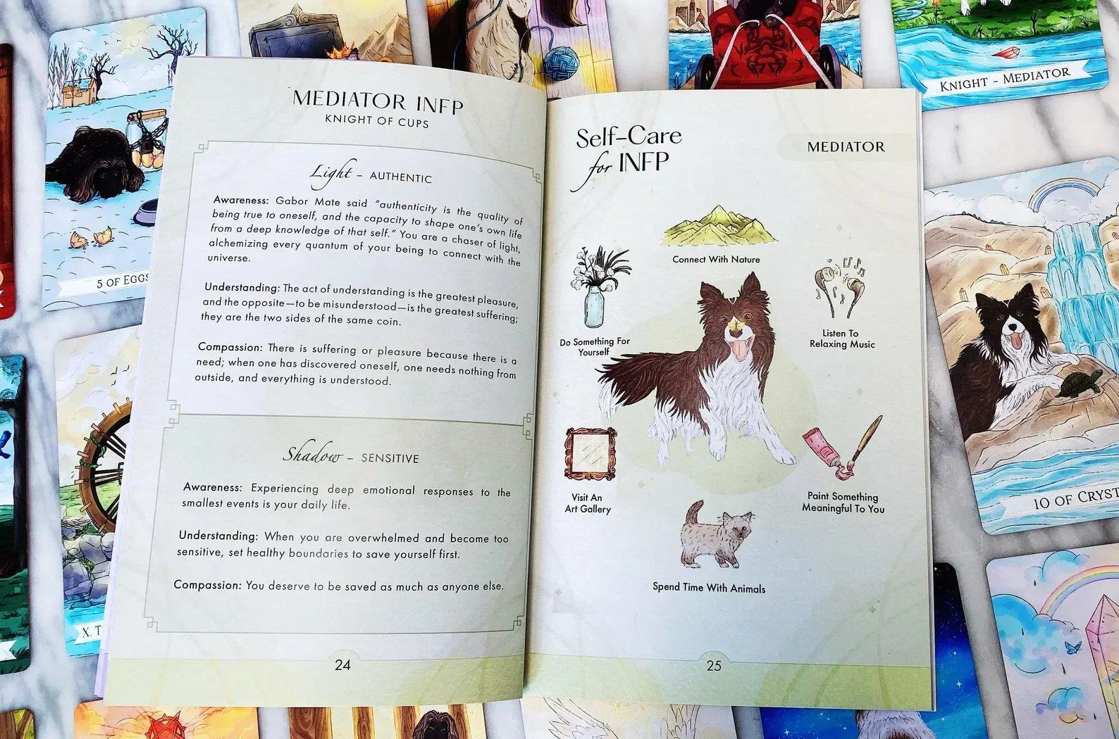 Open book with pages about the personality type INFP and the mediator knight of cups, featuring illustrations of a dog, mountains, and a hairstyling brush.