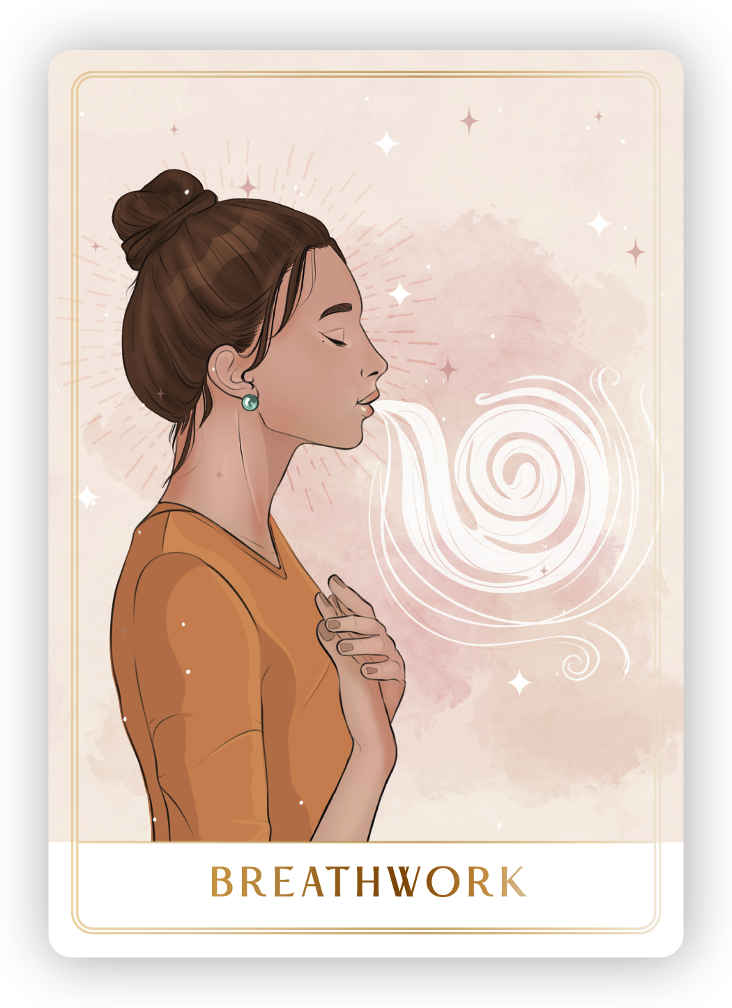 Illustration of a woman with brown hair in a bun, eyes closed, practicing breathwork, with swirling lines symbolizing breath, surrounded by soft pink and white watercolor background and stars, labeled 'Breathwork'.