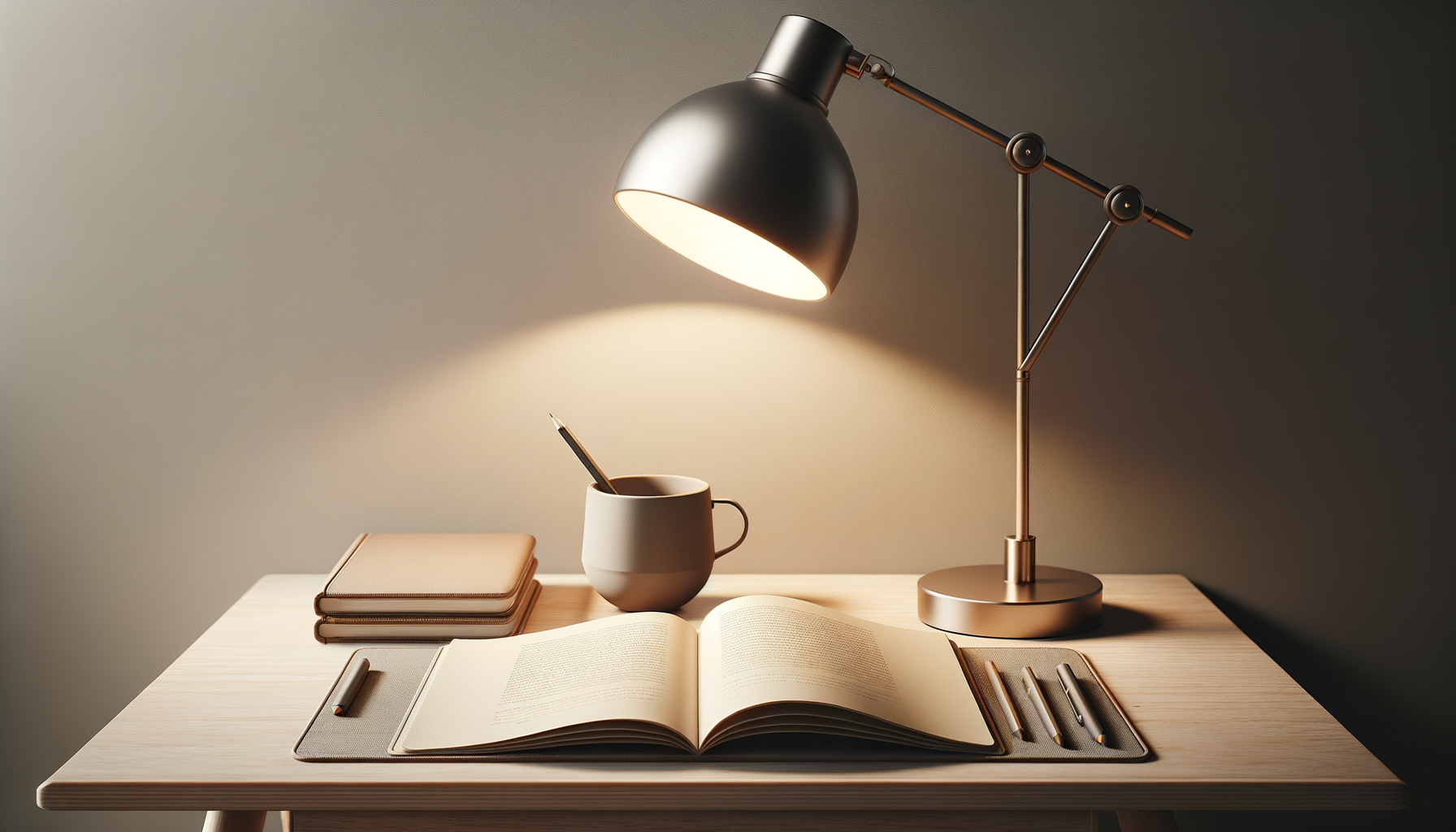 A desk with an open book, a mug with a pencil, a stack of notebooks, three pens, and a modern adjustable desk lamp.