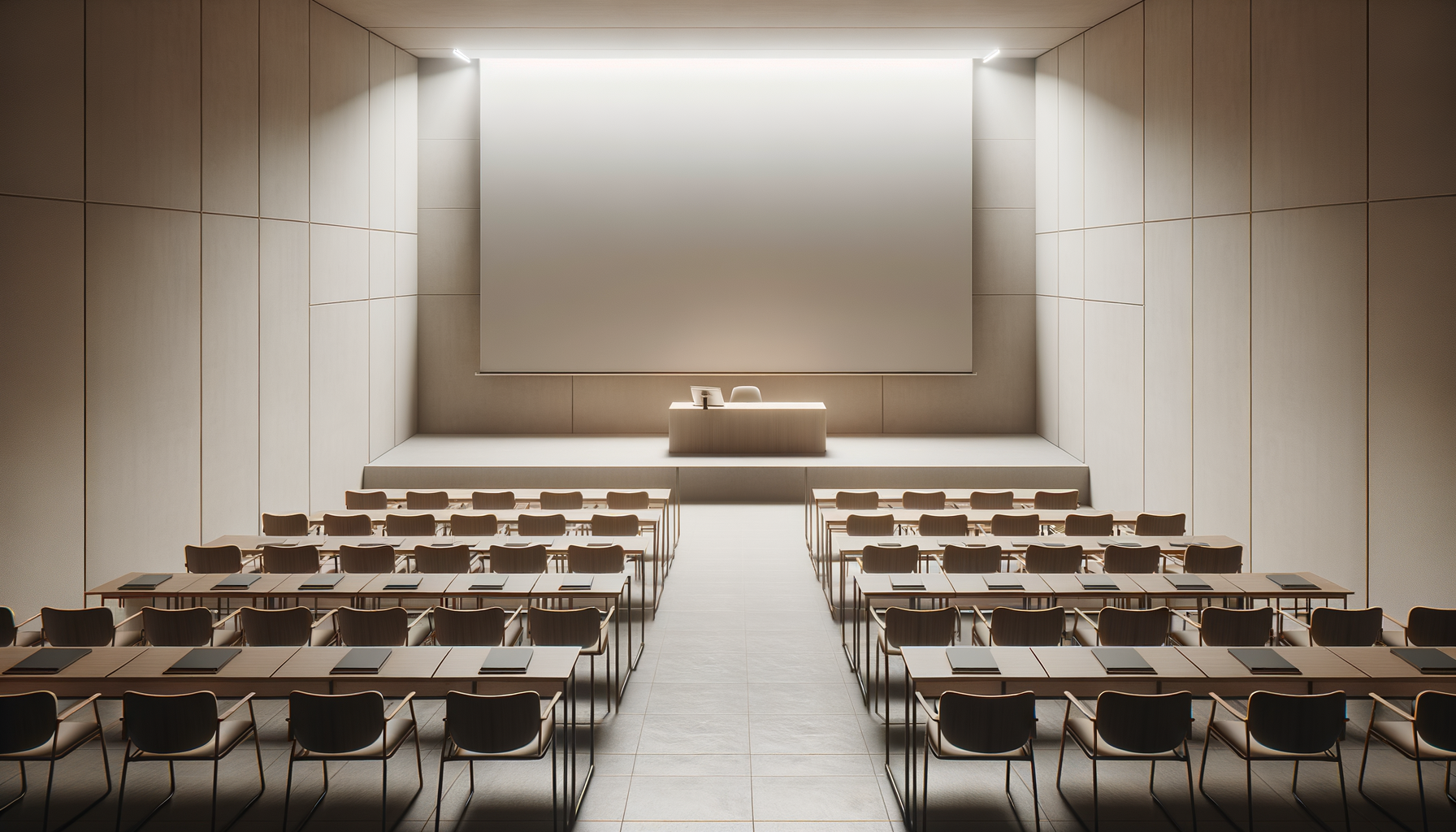 Empty modern conference room with rows of tables and chairs facing a stage with a large blank screen and a podium