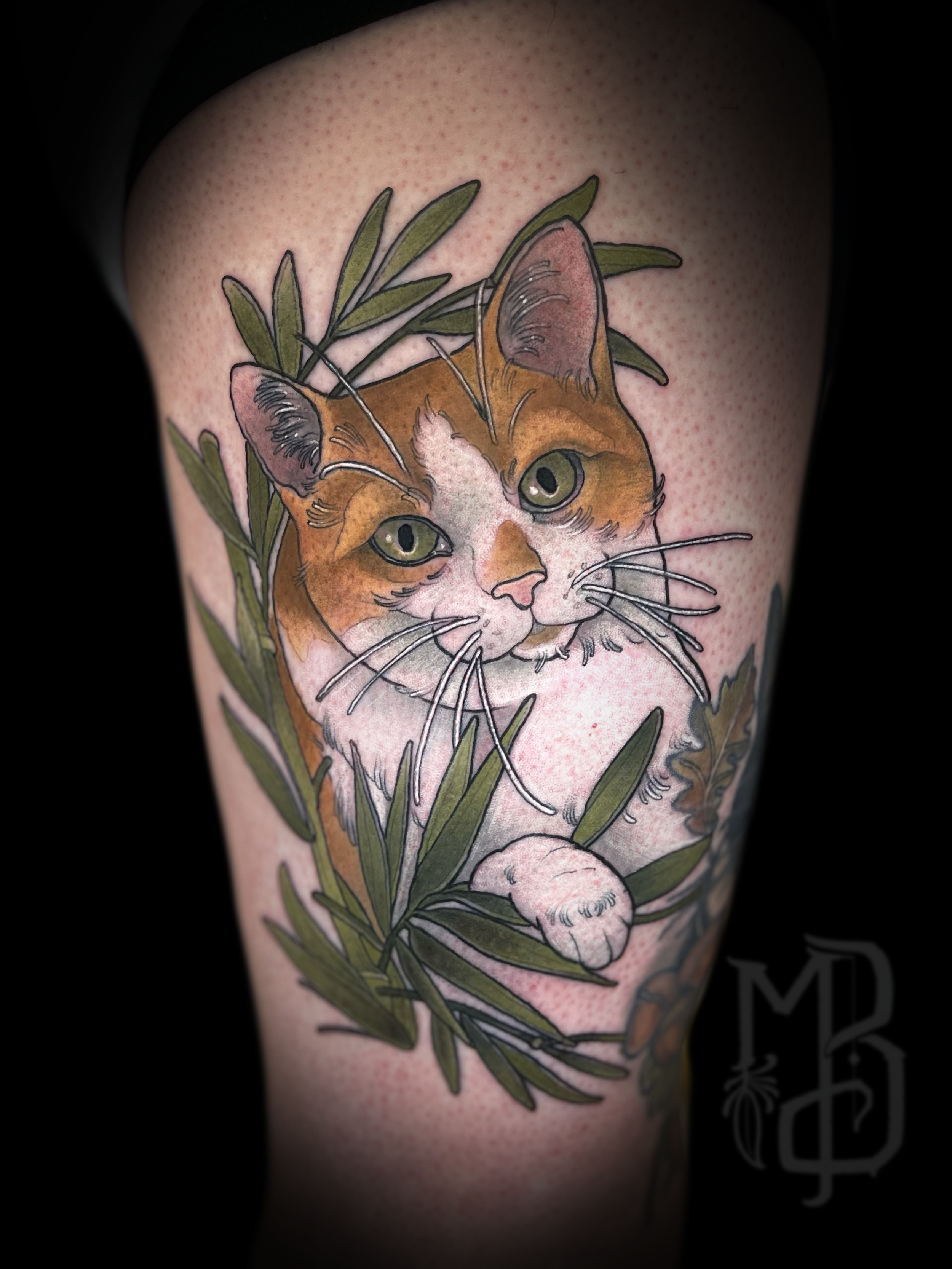 Colorful tattoo pet portrait of a cat's face surrounded by green leaves.