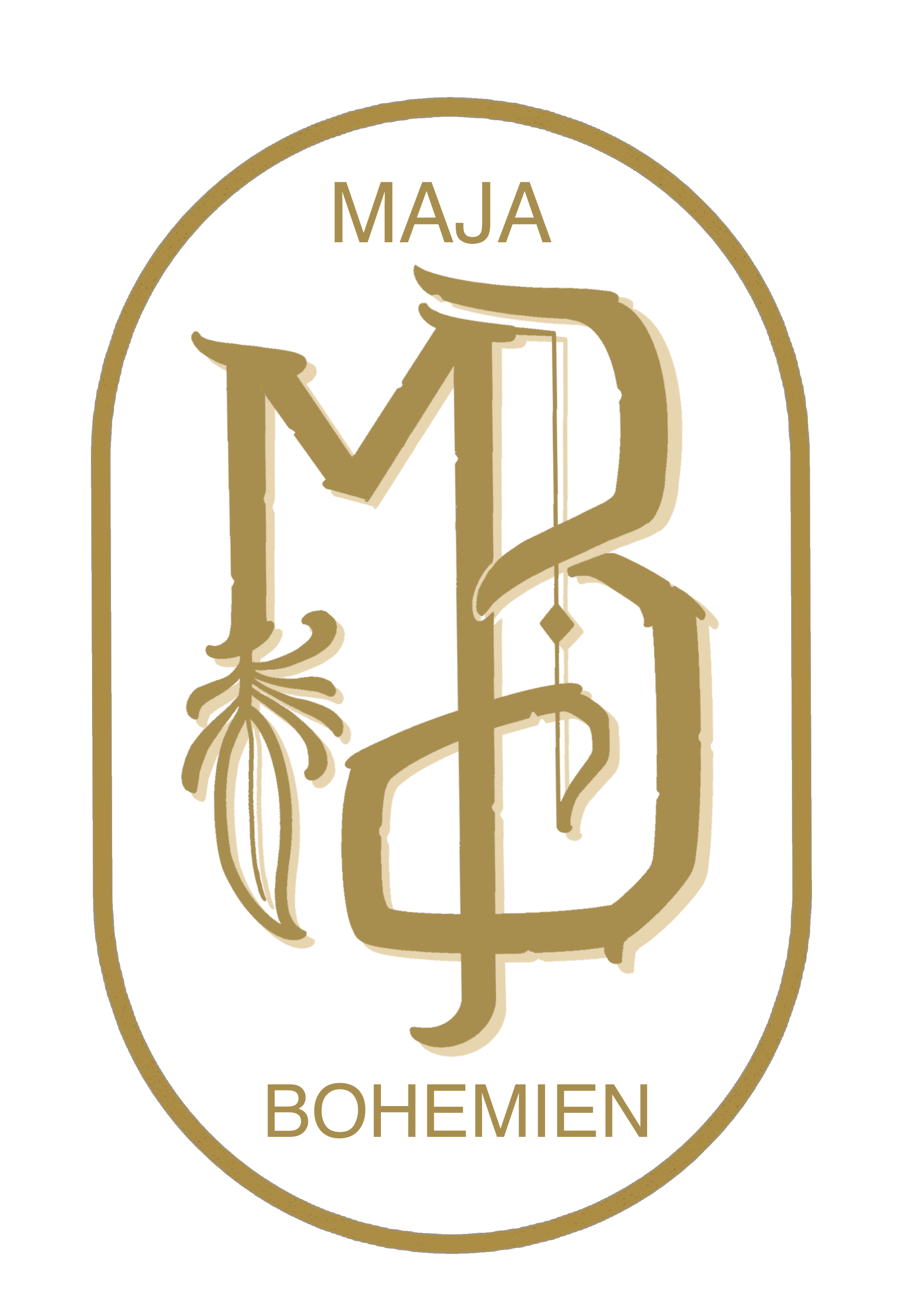 Gold emblem with the words "Maja Bohemien" and a stylized monogram "MB" with a decorative flourish.