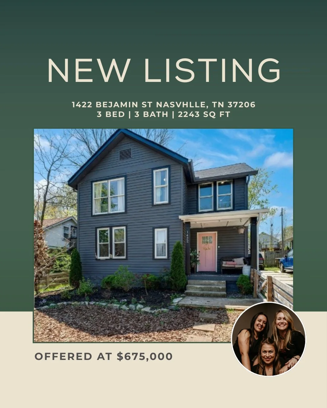 🔥🏡 NEW LISTING &ndash; East Nashville! 🏡🔥
📍 1422 Benjamin St Nashville TN 37206
✨ 3 Beds &bull; 3 Baths &bull; 2,243 Sq Ft

Welcome to YOUR dream home in the heart of East Nashville &mdash; just minutes from 5 Points &amp; Riverside Village!
Cla