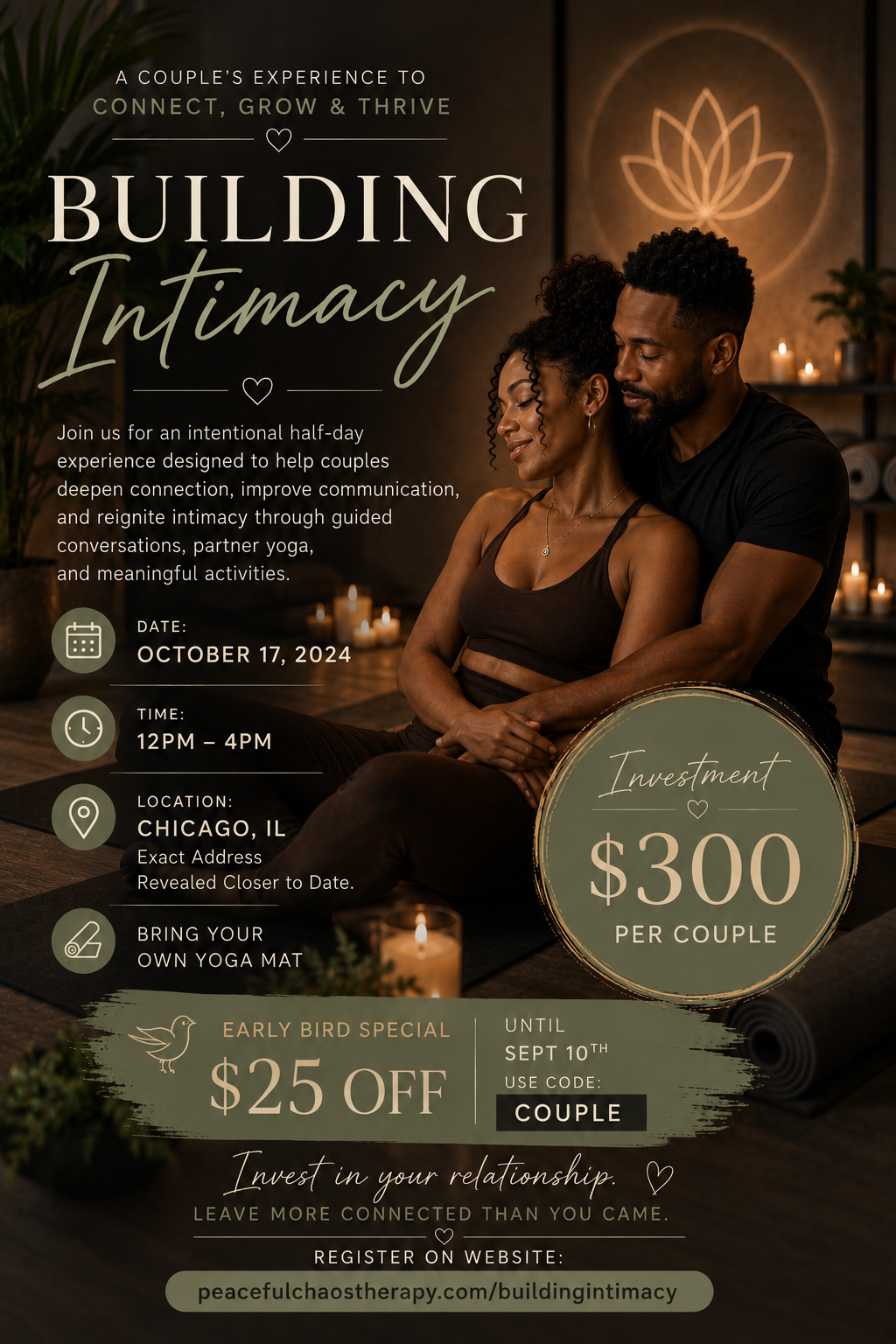 A promotional flyer for a couple's intimacy-building workshop featuring a couple embracing in a cozy, candle-lit yoga studio with a neon lotus flower sign in the background.