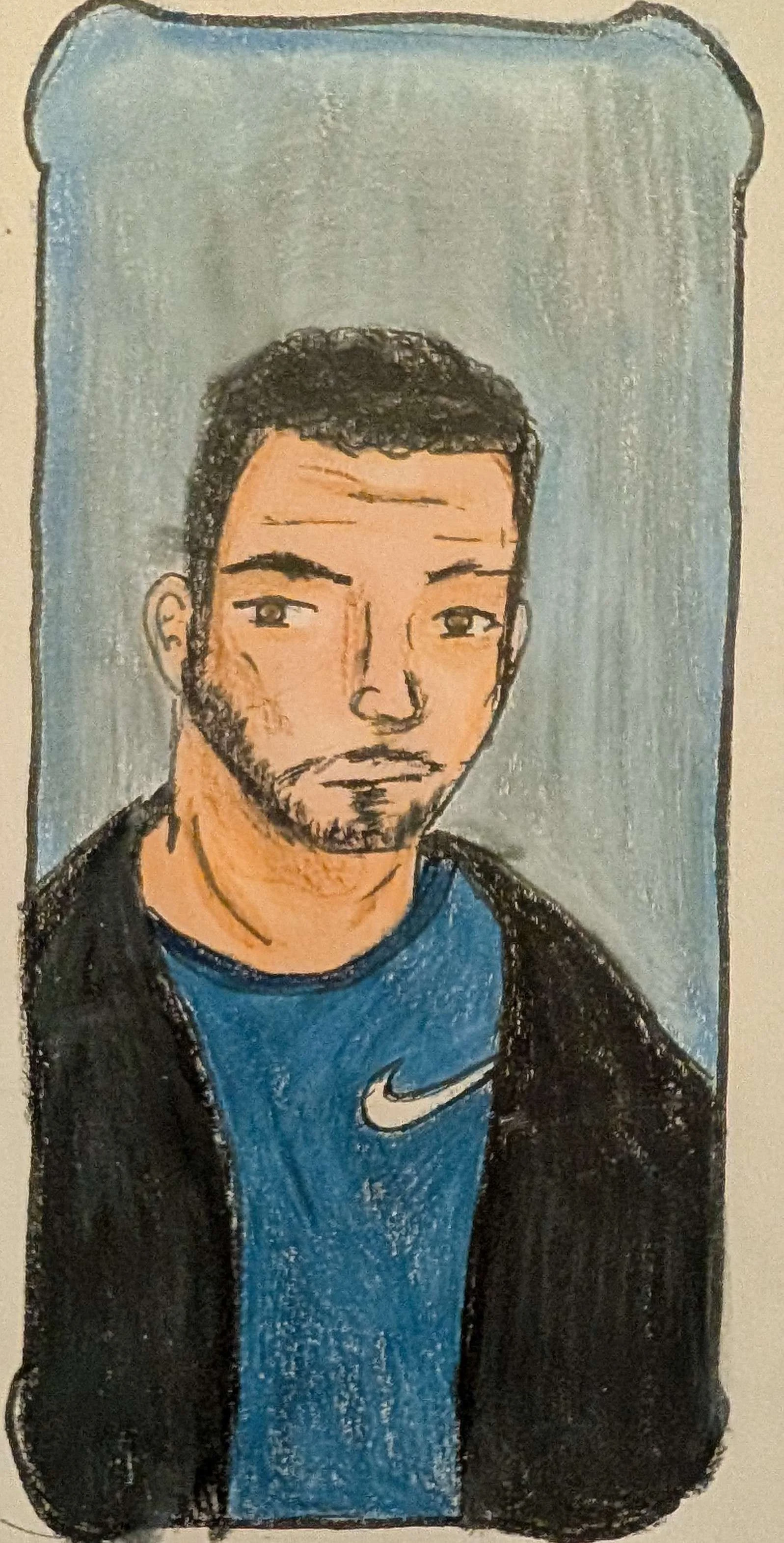 Drawing of a young man with dark curly hair, light skin, and a beard, wearing a blue Nike shirt and black jacket, against a gray background.