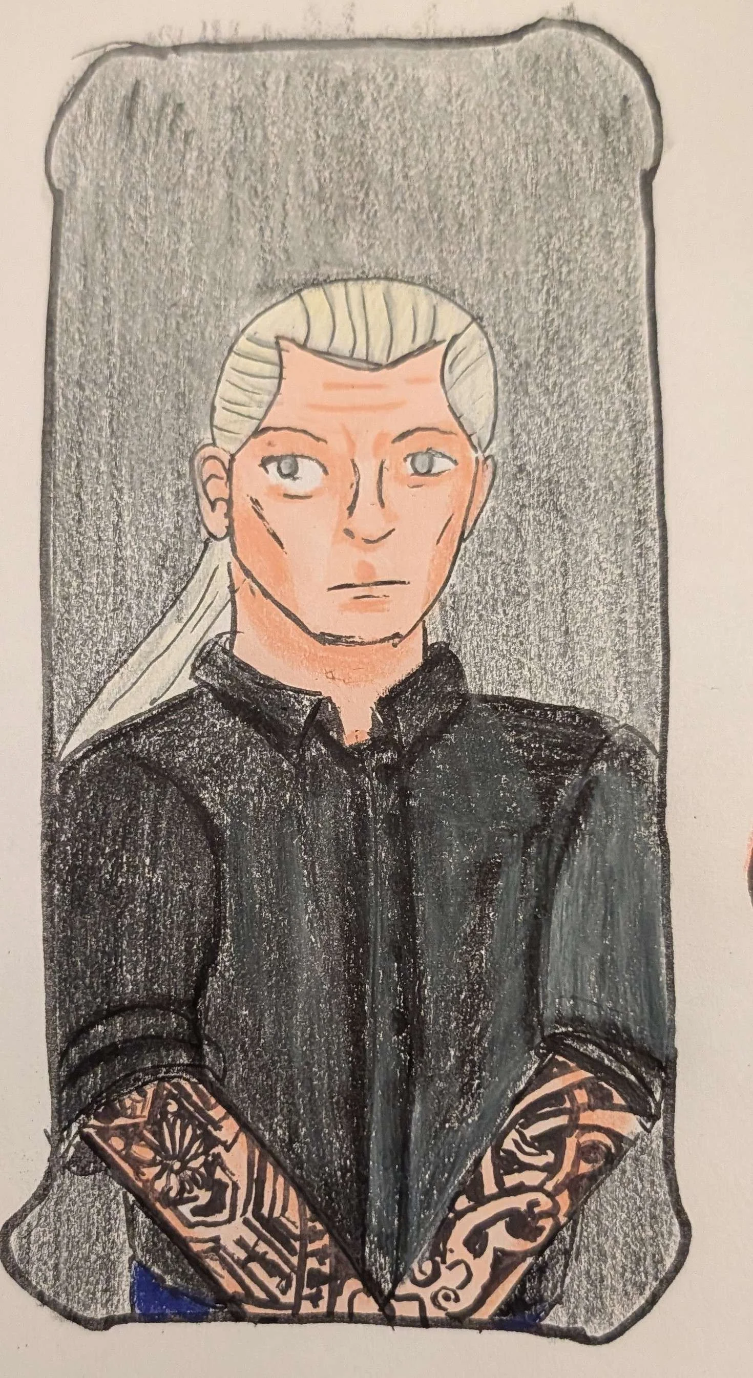 Hand-drawn portrait of a woman with long blonde hair, wearing a black shirt with rolled-up sleeves, showing tattoos on her forearms, sitting on a gray background.