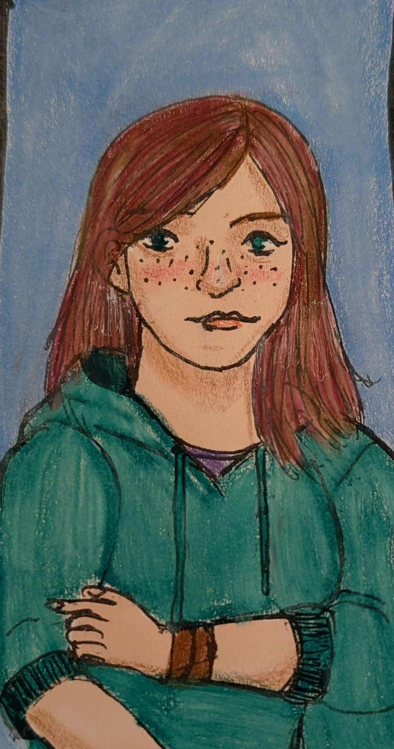 Drawing of a girl with long reddish-brown hair, freckles, wearing a teal hoodie, arms crossed, and a watch on her left wrist, with a blue background.