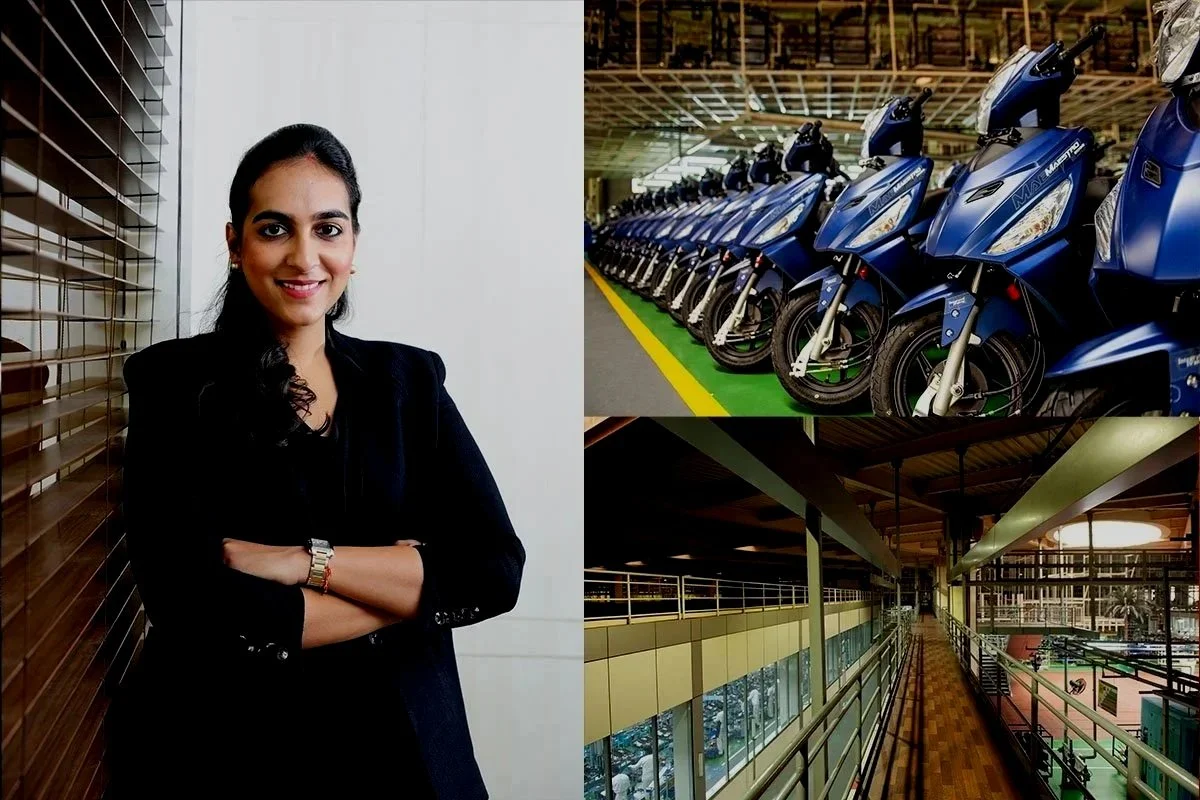 A collage of three images: a woman in business attire smiling with arms crossed, a row of blue motorcycles parked inside a warehouse, and an indoor walkway with a wooden floor and glass walls.